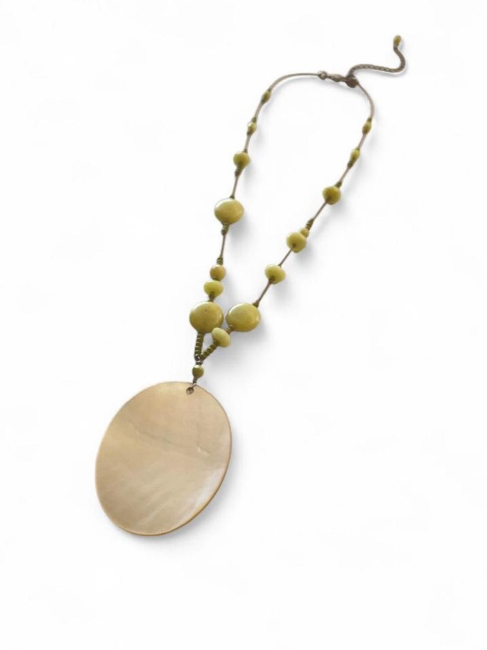 Olive Beaded Pendant Necklace with Shell Disc